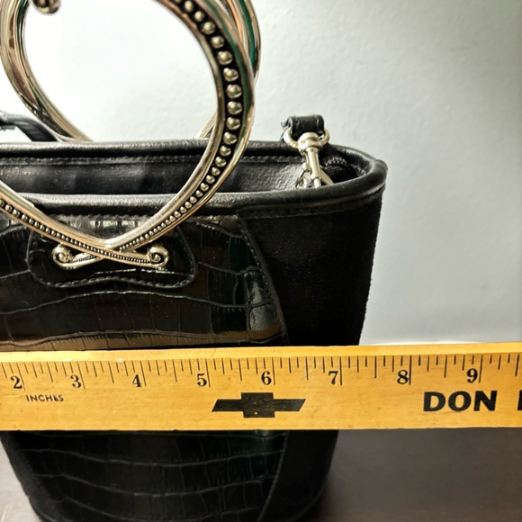 BRIGHTON Corazon Black Pebble Grain/Croc Embossed Bag W/Silver Heart Handles - Picture 10 of 12